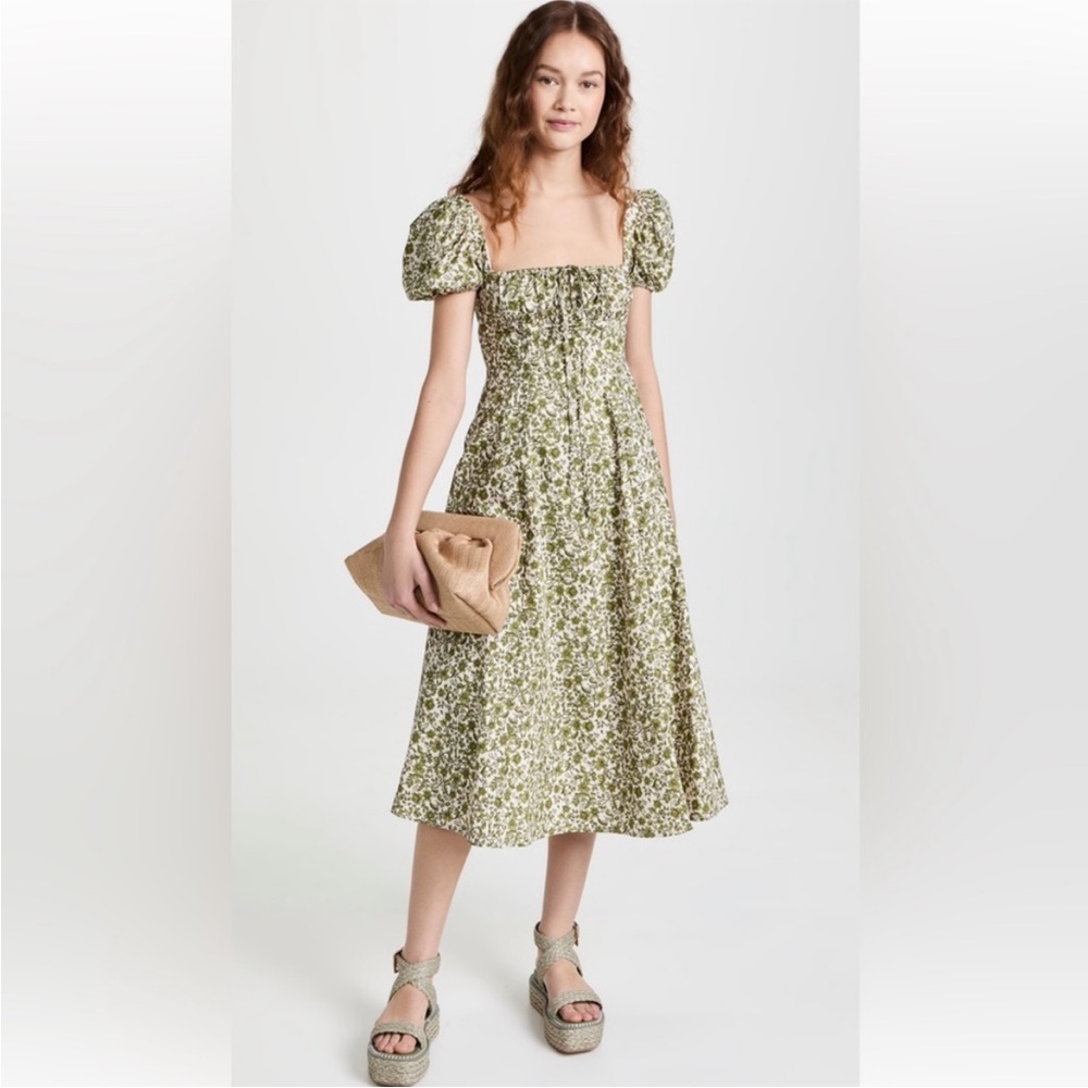 O.P.T Green Floral Cotton Midi Dress - Puff sleeves - Size Small